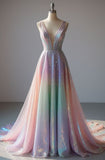 Colorful V-neck A-Line Quincea?era Dress Glitter Tulle Long Prom Dresses, Sweet 16th Birthday Dress HZ1024