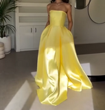 Yellow Strapless A-Line Satin Long Prom Dresses, Glam Formal Evening Gowns HZ1024