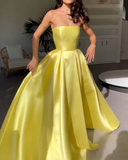 Yellow Strapless A-Line Satin Long Prom Dresses, Glam Formal Evening Gowns HZ1024