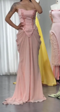Pink Strapless Mermaid Satin Chiffon Long Prom Dresses, Elegant Formal Evening Gowns with Beading HZ1024
