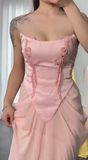 Pink Strapless Mermaid Satin Chiffon Long Prom Dresses, Elegant Formal Evening Gowns with Beading HZ1024