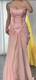 Pink Strapless Mermaid Satin Chiffon Long Prom Dresses, Elegant Formal Evening Gowns with Beading HZ1024