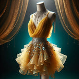 Yellow Spaghetti Strap A-Line Tulle Short Prom Dresses HZ1024