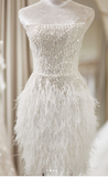 White Sheath Strapless Short Homecoming Dress, Elegant Beaded Wedding Dress HZ1024