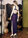 Square Neck Purple Sheath Beaded Chiffon Long Prom Dresses, Formal Evening Dresses with Slits HZ1024