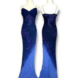 Navy Blue Spaghetti Straps Sheath Beaded Chiffon Long Prom Dresses, Vintage Evening Gowns HZ1024