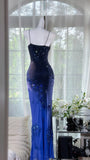 Navy Blue Spaghetti Straps Sheath Beaded Chiffon Long Prom Dresses, Vintage Evening Gowns HZ1024