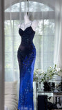 Navy Blue Spaghetti Straps Sheath Beaded Chiffon Long Prom Dresses, Vintage Evening Gowns HZ1024