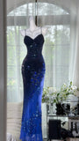 Navy Blue Spaghetti Straps Sheath Beaded Chiffon Long Prom Dresses, Vintage Evening Gowns HZ1024