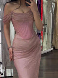 Pink Sheath Off-shoulder Long Prom Dresses, Formal Evening Dresses with Slits HZ1024