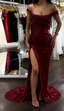 Purple Sheath Off Shoulder Glitter Long Prom Dresses, Formal Evening Dresses with Slits HZ1024