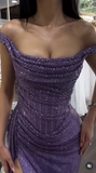 Purple Sheath Off Shoulder Glitter Long Prom Dresses, Formal Evening Dresses with Slits HZ1024