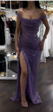 Purple Sheath Off Shoulder Glitter Long Prom Dresses, Formal Evening Dresses with Slits HZ1024