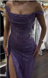 Purple Sheath Off Shoulder Glitter Long Prom Dresses, Formal Evening Dresses with Slits HZ1024