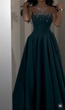 Jade A-Line Satin Beaded Long Prom Dresses, Strapless Formal Evening Gowns HZ1024