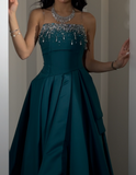 Jade A-Line Satin Beaded Long Prom Dresses, Strapless Formal Evening Gowns HZ1024