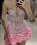 Pink Bodycon Strapless Beaded Short Homecoming Dress, Sweet 16 Dress HZ1024