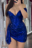 Blue Bodycon Lace Short Prom Dresses, Off Shoulder Glitter Homecoming Dress HZ1024