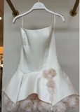 White A-Line Satin Short Prom Dresses, Strapless 3D Applique Homecoming Dress HZ1024