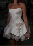White A-Line Satin Short Prom Dresses, Strapless 3D Applique Homecoming Dress HZ1024
