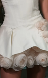 White A-Line Satin Short Prom Dresses, Strapless 3D Applique Homecoming Dress HZ1024