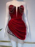 Burgundy Bodycon Velvet Beaded Short Prom Dresses, Sweetheart Elegant Homecoming Dress with Tassels HZ1024