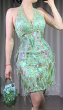 Green Halter Sheath Beaded Sequin Chiffon Short Prom Dresses HZ1024