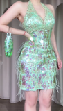 Green Halter Sheath Beaded Sequin Chiffon Short Prom Dresses HZ1024