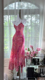 Pink Sheath Printed Chiffon Short Prom Dresses, Spaghetti Strap Evening Dress HZ1024