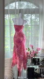 Pink Sheath Printed Chiffon Short Prom Dresses, Spaghetti Strap Evening Dress HZ1024