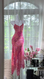 Pink Sheath Printed Chiffon Short Prom Dresses, Spaghetti Strap Evening Dress HZ1024