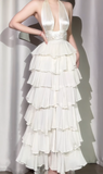 Off-White Halter Neck A-Line Layered Chiffon Long Prom Dresses, Elegant Backless Evening Gowns HZ1024