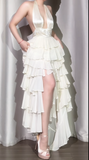 Off-White Halter Neck A-Line Layered Chiffon Long Prom Dresses, Elegant Backless Evening Gowns HZ1024
