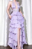 Off-White Halter Neck A-Line Layered Chiffon Long Prom Dresses, Elegant Backless Evening Gowns HZ1024