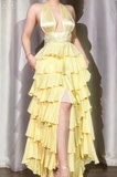 Off-White Halter Neck A-Line Layered Chiffon Long Prom Dresses, Elegant Backless Evening Gowns HZ1024