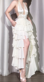 Off-White Halter Neck A-Line Layered Chiffon Long Prom Dresses, Elegant Backless Evening Gowns HZ1024