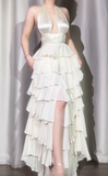 Off-White Halter Neck A-Line Layered Chiffon Long Prom Dresses, Elegant Backless Evening Gowns HZ1024