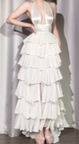 Off-White Halter Neck A-Line Layered Chiffon Long Prom Dresses, Elegant Backless Evening Gowns HZ1024