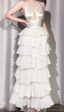 Off-White Halter Neck A-Line Layered Chiffon Long Prom Dresses, Elegant Backless Evening Gowns HZ1024