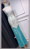 Tiffany Blue Spaghetti Strap Sheath Beaded Chiffon Long Prom Dresses, Formal Elegant Evening Gowns HZ1024