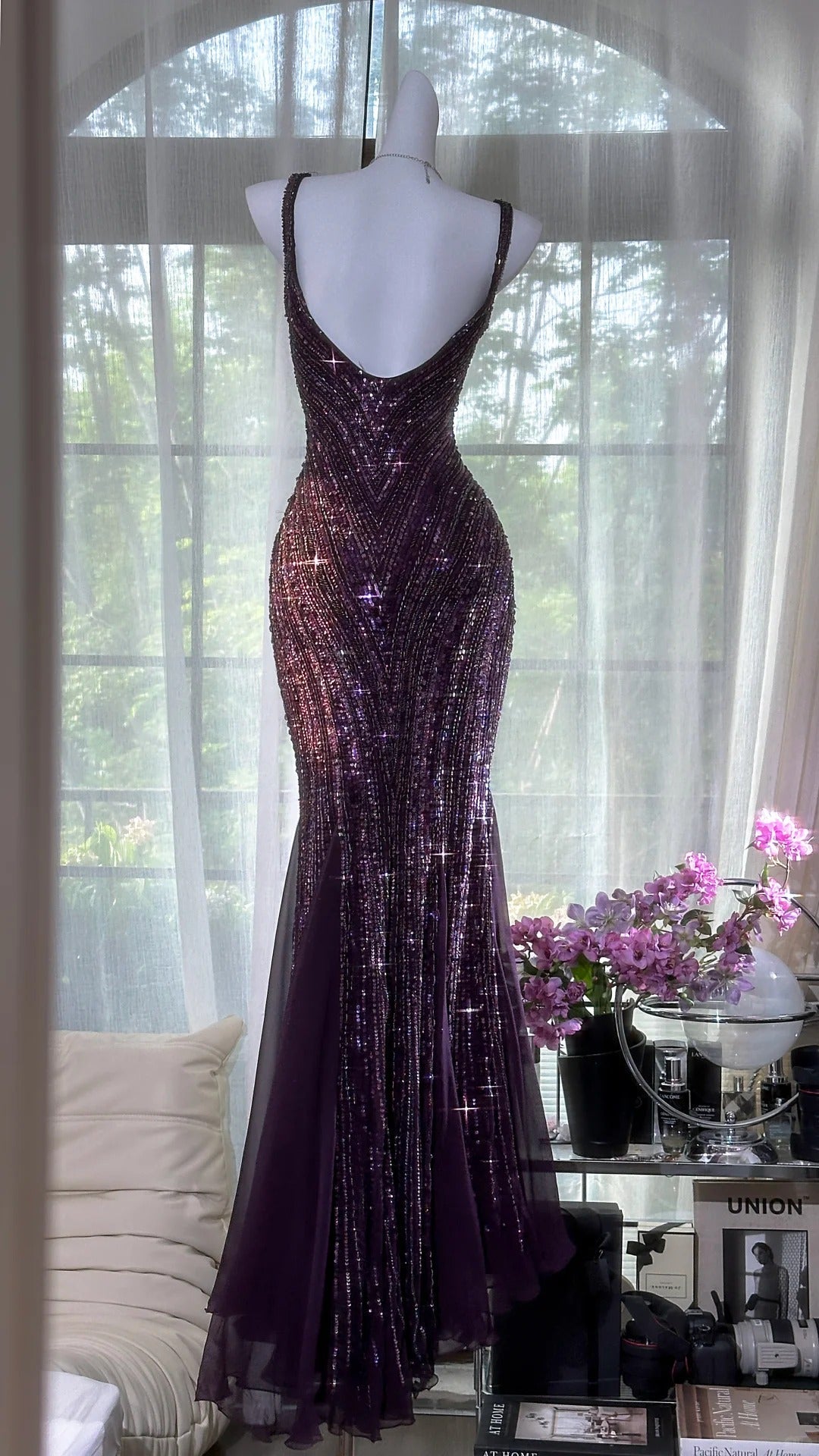 Dark Purple Guest Dresses V-Neck Mermaid Beaded Chiffon Long Stunning Prom Dresses, Formal Evening Dresses HZ1024