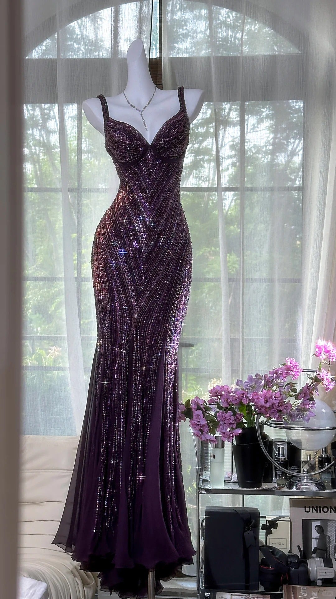 Dark Purple Guest Dresses V-Neck Mermaid Beaded Chiffon Long Stunning Prom Dresses, Formal Evening Dresses HZ1024
