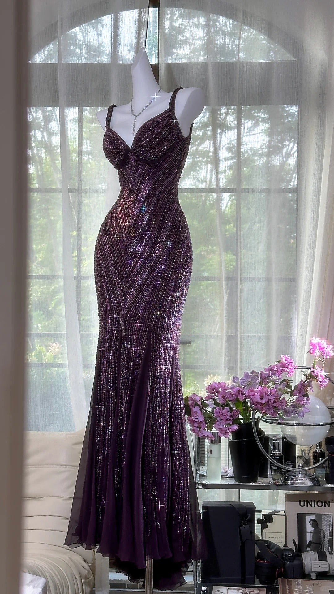 Dark Purple Guest Dresses V-Neck Mermaid Beaded Chiffon Long Stunning Prom Dresses, Formal Evening Dresses HZ1024