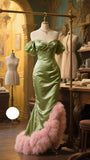 Green Off Shoulder Mermaid Satin Long Prom Dresses, Elegant Evening Gowns HZ1024