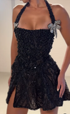 Halter Neck A-Line Beaded Tulle Short Prom Dresses, Black Back to School Outfits HZ1024