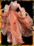 Orange Tulle A-Line Beaded Tulle Long Prom Dresses, Sweet 16 Dress HZ1024