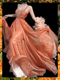 Orange Tulle A-Line Beaded Tulle Long Prom Dresses, Sweet 16 Dress HZ1024
