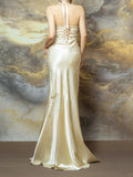 Light Champagne Sheath Halter Beaded Satin Long Prom Dresses, Vintage Formal Evening Gowns HZ1024