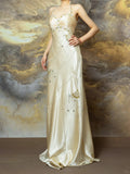 Light Champagne Sheath Halter Beaded Satin Long Prom Dresses, Vintage Formal Evening Gowns HZ1024