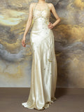 Light Champagne Sheath Halter Beaded Satin Long Prom Dresses, Vintage Formal Evening Gowns HZ1024